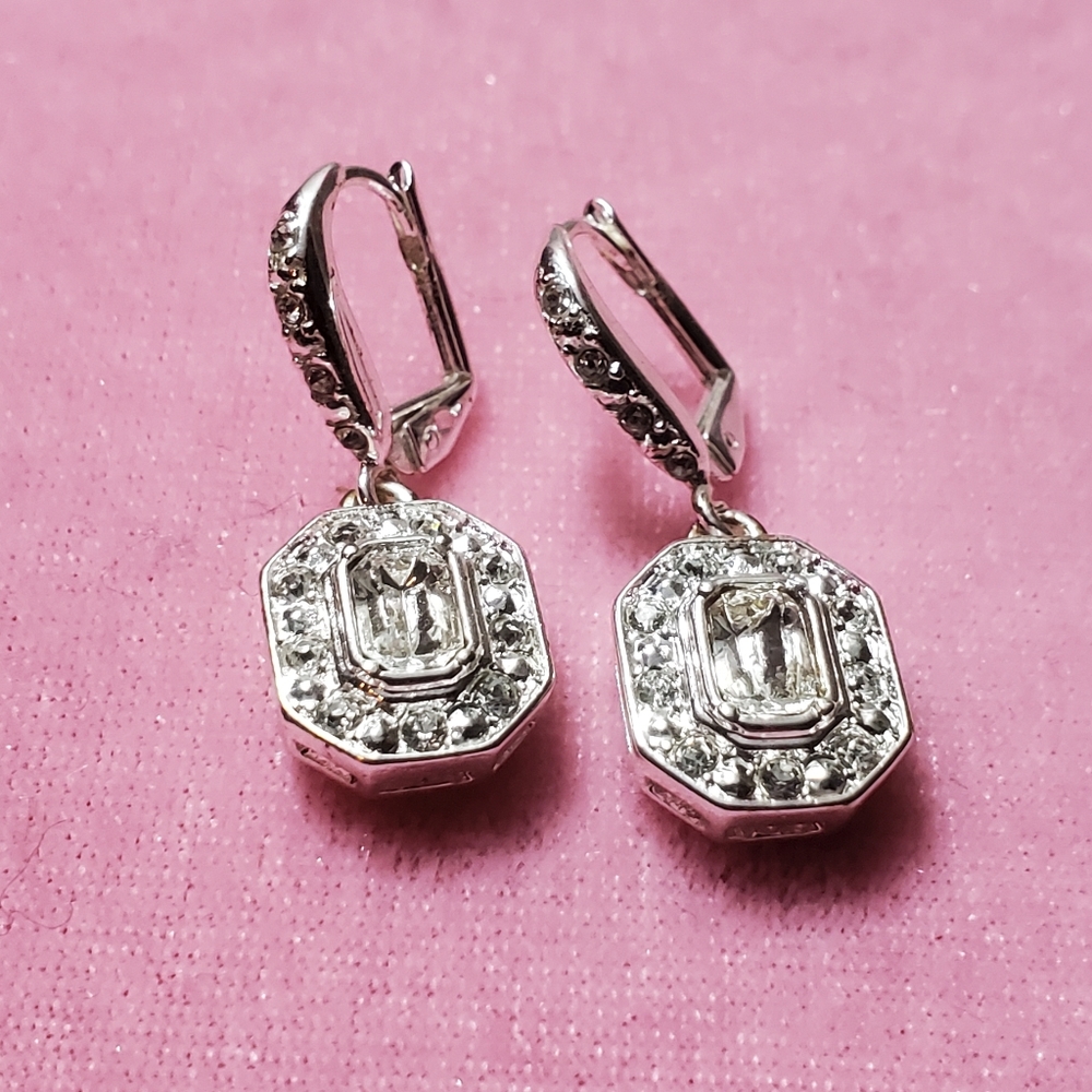 Silver Faux Diamond Octagon Dangling Earrings